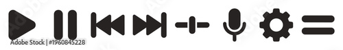 A collection of media player icons including play, pause, forward, rewind, microphone, and settings. This minimalist vector set is perfect for UI/UX design for web or mobile apps.
