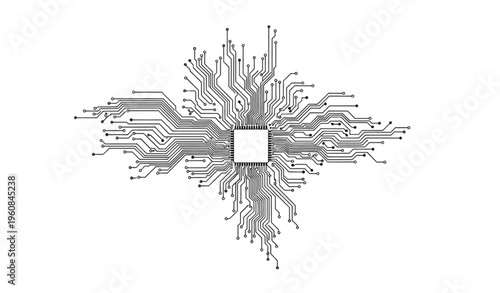 Black circuit board network design resembling complex microchip system isolated on transparent background