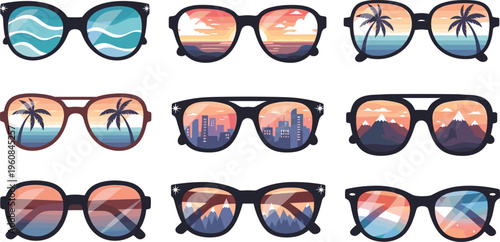 Stylish sunglasses collection with scenic reflections of beach, city skyline and mountains, trendy summer eyewear vector illustration set for fashion design