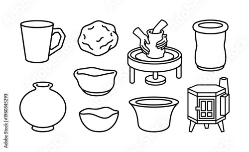 A minimal set of pottery and ceramics icons. Includes potter's wheel, kiln, clay, and handmade vases. Perfect for craft workshops, DIY hobbies, and creative businesses branding.