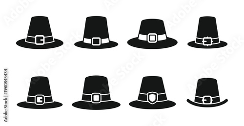 A set of black pilgrim hat icons for Thanksgiving. Minimalist vector silhouettes with different buckles, perfect for holiday-themed graphic design, invitations, and decorations.