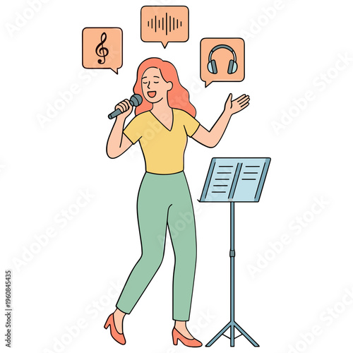 A woman sings into a microphone with music notes floating above her head near a music stand indoors.