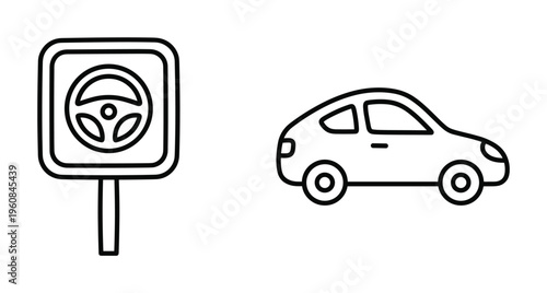 Minimalist car and driving school sign line icons. Vector illustration for transport, traffic rules, automotive services, and learning to drive concepts. Clean and simple design.