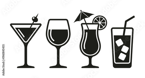Set of black vector icons of alcoholic drinks. Martini, wine, tropical cocktail, and soda glass. Perfect for bar menus, party invitations, or summer-themed graphic designs.