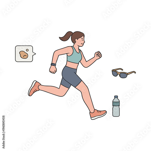 Woman jogging quickly in fitness gear with water bottle and sunglasses nearby outside