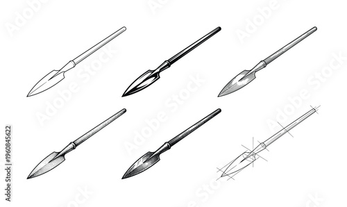 A set of six ancient spearhead illustrations in various hand-drawn styles like engraving and line art. Perfect for historical designs, weapon concepts, or vintage tattoo art.