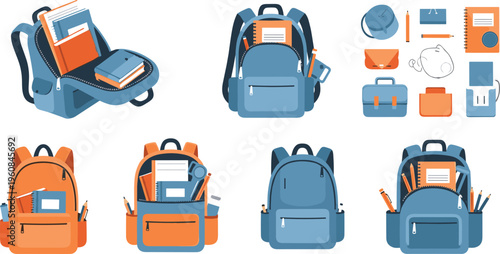 School backpack collection with books and stationery supplies, student bags in different styles and colors, education equipment vector illustration set for back to school design