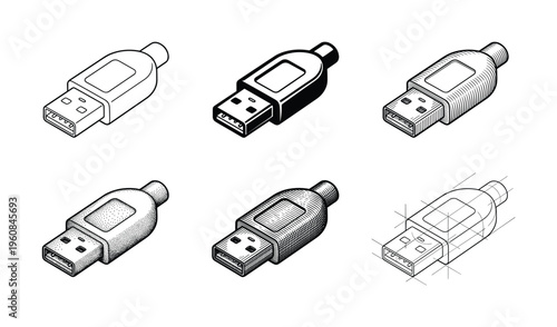A set of six USB plug illustrations in various retro, hand-drawn styles. Includes outline, engraving, and schematic versions. Perfect for tech icons or vector design elements.