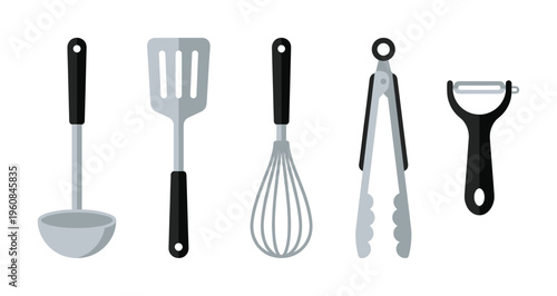A set of essential kitchen utensils including a ladle, spatula, whisk, tongs, and peeler. Modern flat design vector illustration for cooking, culinary, and food concepts.