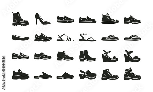 A collection of various footwear icons in black silhouette style. Includes mens and womens shoes like boots, sneakers, sandals, and heels for fashion or retail design.