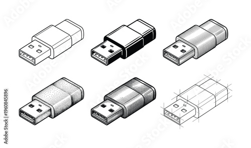 A set of six USB flash drives shown in different artistic and technical illustration styles like outline, hatching, and stippling. For tech, data storage or design concepts.