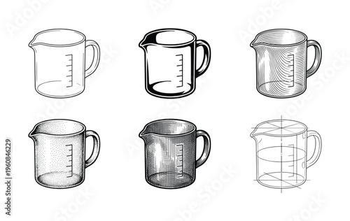 Set of six measuring cup vector illustrations in varied styles like line art, engraving, and stippling. Ideal for recipes, packaging, cooking blogs, and culinary graphics.