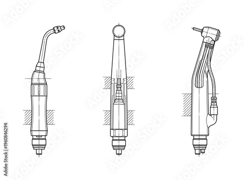 A precise technical drawing of a dental instrument in three views. A minimalist black and white schematic for engineering, medical technology, or manufacturing design concepts.