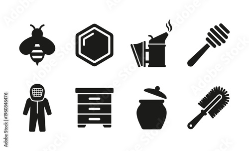 A set of black glyph icons for beekeeping and honey farming. Includes bee, honeycomb, hive, smoker and beekeeper symbols. Perfect for farm branding and organic product labels.