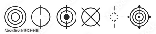 A versatile set of black target, crosshair, and scope icons. Vector symbols for goal, aim, precision, strategy, and business objectives. Perfect for UI, web, and infographics.