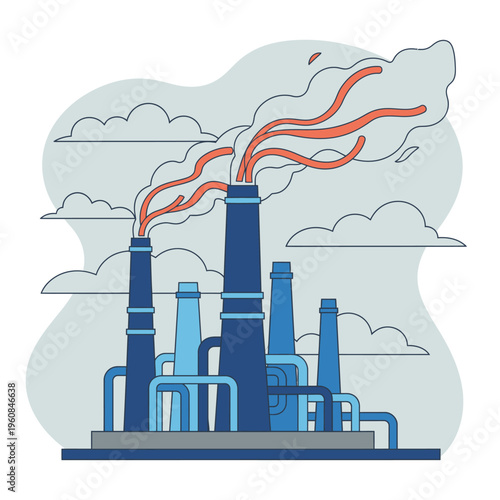 Industrial factory with smoking chimneys releasing pollution into the atmosphere.