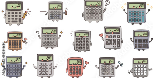 Cute calculator characters collection with funny emotions and poses, kawaii office and school math devices mascots vector illustration set for education design