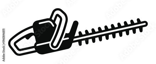 A simple black icon of a hedge trimmer. This vector graphic illustrates a garden power tool for landscaping or yard work. Perfect for logos, websites, and manuals.