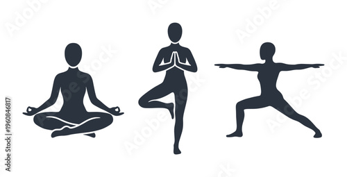 A set of minimalist yoga pose silhouettes. Vector icons for meditation, fitness, and wellness concepts. Perfect for logos, apps, and health-themed designs.