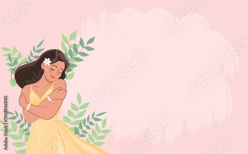 Self Love and Body Positivity Illustration of a Woman in Yellow Dress Hugging Herself with Floral Leaves on Pink Background.