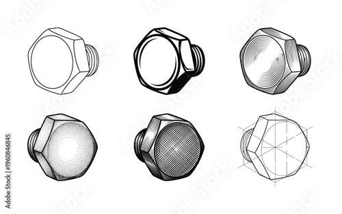 A collection of six industrial hex bolt illustrations. This vector set showcases various graphic styles from technical schematic and engraving to simple line art for design projects.