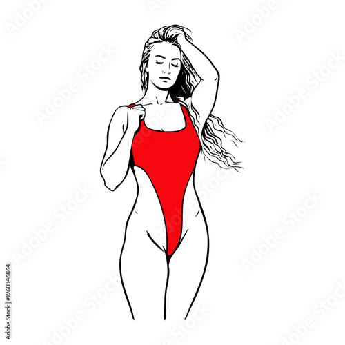 Logotipo con dibujo con líneas de una mujer con bikini sexy de pie con una mano en el cabello 