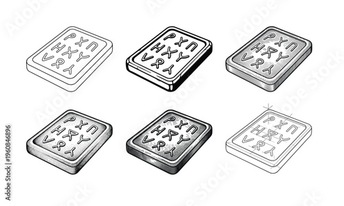 Set of six ancient stone tablets with mysterious runic symbols. Vector collection in different graphic styles like engraving and line art. For history, fantasy or esoteric design.