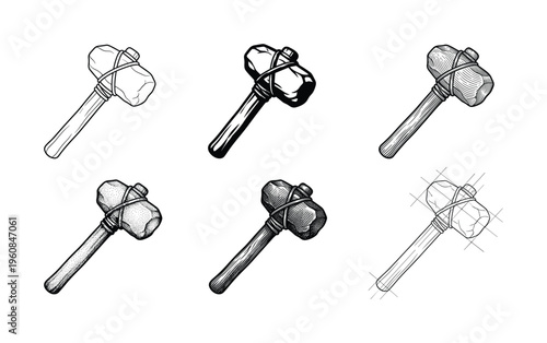 Set of hand-drawn stone axe icons. Collection of ancient prehistoric tools in various graphic styles: outline, silhouette, engraving, dotwork. For history or survival concepts.