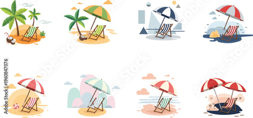 Beach chair and umbrella scenes collection with palm trees, ocean waves and abstract landscapes, summer vacation relaxation vector illustration set for travel design