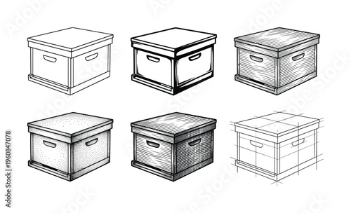 Set of six hand-drawn beehive illustrations in various vintage styles like sketch and engraving. Perfect for honey branding, beekeeping logos, and apiary product design.