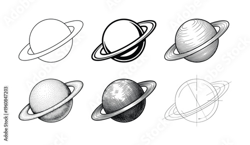 A collection of six black and white Saturn planet vector illustrations. Features various hand-drawn styles like engraving, stippling, and line art. Ideal for logos, icons, or tattoos.