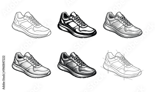A set of six vector illustrations of a sneaker, showcasing various hand-drawn techniques like line art, engraving, and stippling. Ideal for design, fashion, or sport concepts.