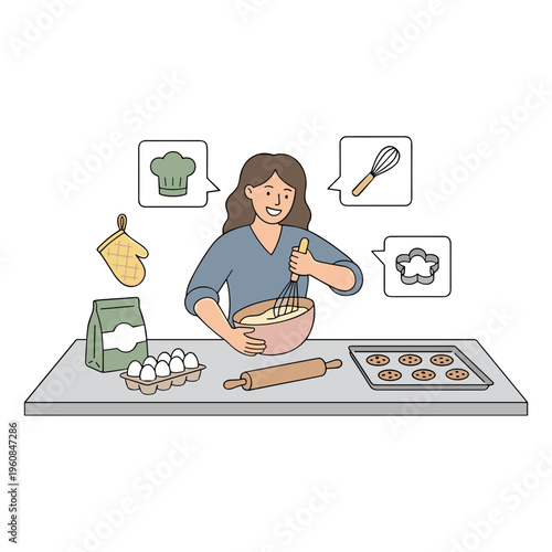 Woman baking cookies on kitchen counter with mixing bowl and ingredients