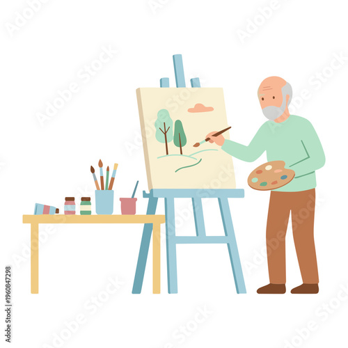 An elderly man paints a serene landscape on canvas with brush.