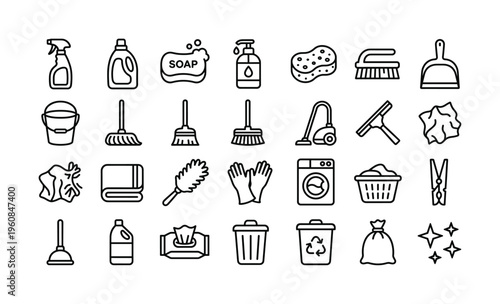 Collection of black line icons for household cleaning and hygiene. Minimalist vector symbols for cleaning services, laundry, and home chores. Perfect for web and app design.