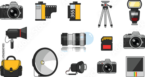 Photography Equipment Collection with Camera Lens Tripod Flash Film Roll Lighting Reflector and Studio Accessories Flat Vector Illustration