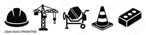 A set of black construction vector icons. Includes a hard hat, crane, concrete mixer, cone, and brick. Perfect for building industry websites, safety signs, or infographics.