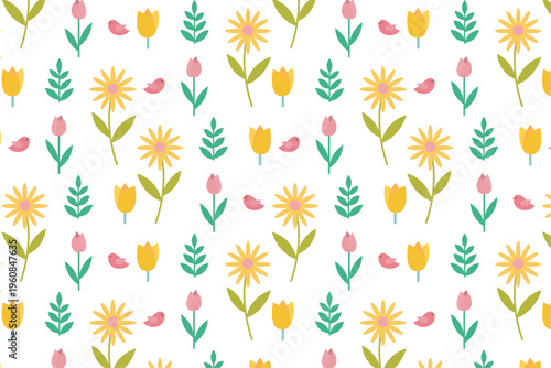 Spring Seamless Pattern with Flowers and Birds