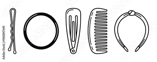 A simple line art set of female hair accessories. This vector collection includes a bobby pin, hair tie, clip, comb, and headband. Perfect for beauty, fashion, or salon icons.