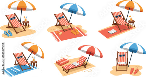 Beach chair and umbrella collection with seaside relaxation scenes, summer vacation accessories on sand with towels and drinks vector illustration set
