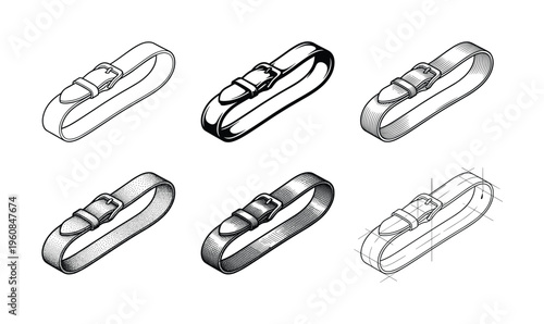 A set of six vector illustrations of a leather belt strap. Shows various vintage engraving styles like hatching, stippling, and line art. Ideal for classic design projects.