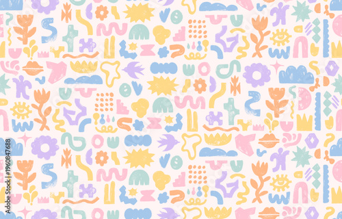 Seamless pattern kids funky abstract geometric doodle shapes. Crayon drawn stars, arches, clouds, spirals, zigzags and squiggles in retro childish style. Naive pastel art cut out elements for design.