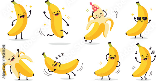 Cute banana character vector collection featuring happy fruit mascot in various poses including dancing sleeping singing and wearing sunglasses