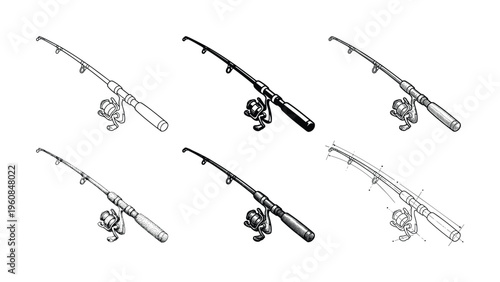 A collection of fishing rod and reel vector illustrations. Includes line art, silhouette, engraving, stipple, and technical drawing styles for hobby or outdoor adventure designs.
