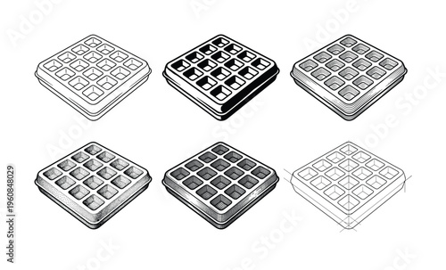 A collection of six square Belgian waffles in various monochrome art styles like engraving and line art. Perfect for vintage menus, cafe branding, or breakfast food packaging.