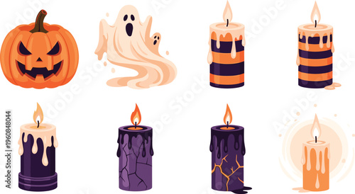 Halloween spooky elements collection with carved pumpkin, ghost and melting candles, eerie holiday decorations vector illustration set for horror themed design