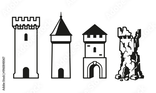 Set of four black vector icons of medieval castle towers. Includes different fortress turret styles and a ruined tower. Perfect for history, fantasy, or security logos.