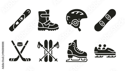 A set of black glyph icons for winter sports equipment and recreation. Includes snowboard, ski, hockey, skate, and bobsled symbols for design.