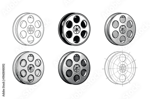 Set of six film reel illustrations in vintage styles. Includes engraving, line art, and dotwork. Perfect for cinema icons, movie logos, or film festival branding projects.
