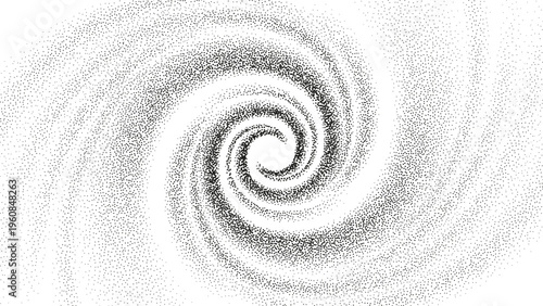 Vector gritty spiral with optical illusion. Dotted grainy gradient vortex flow. unnel with black stipple texture effect. Swirl of gritty pattern made by black points or particles.